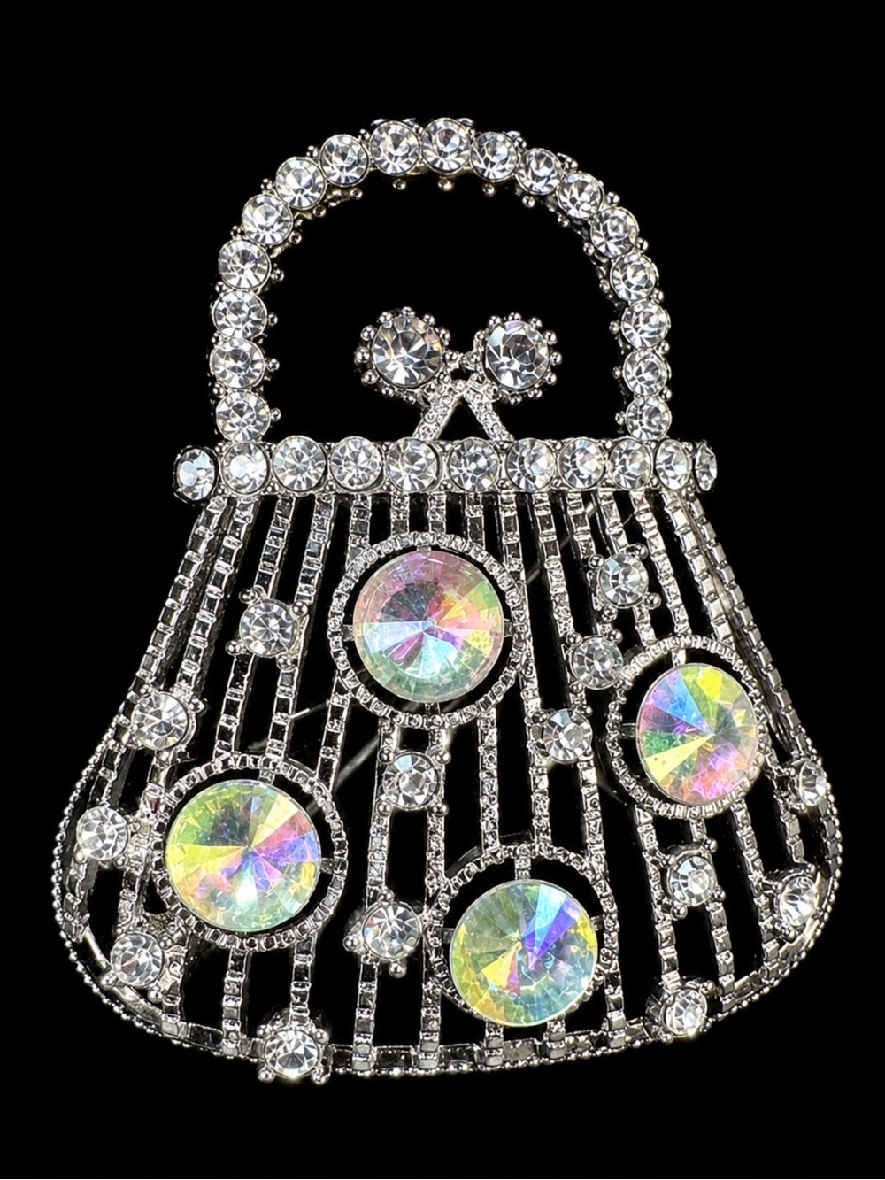 Crystal Pavé Purse Brooch — Silver with Iridescent Stones